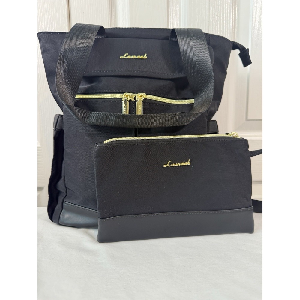 Black Lovevook Backpack Tote Bag 2-Piece Set w/ Pouch Gold Zippers NWT‎